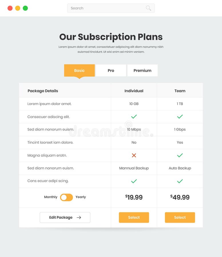 Subscription Plans and Pricing Comparison Web Interface Template Design Subscription Plans and Pricing Comparison Web Interface Template Design
