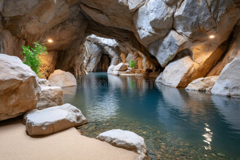 Subterranean river flowing through illuminated cave with rocks and sand stock illustration