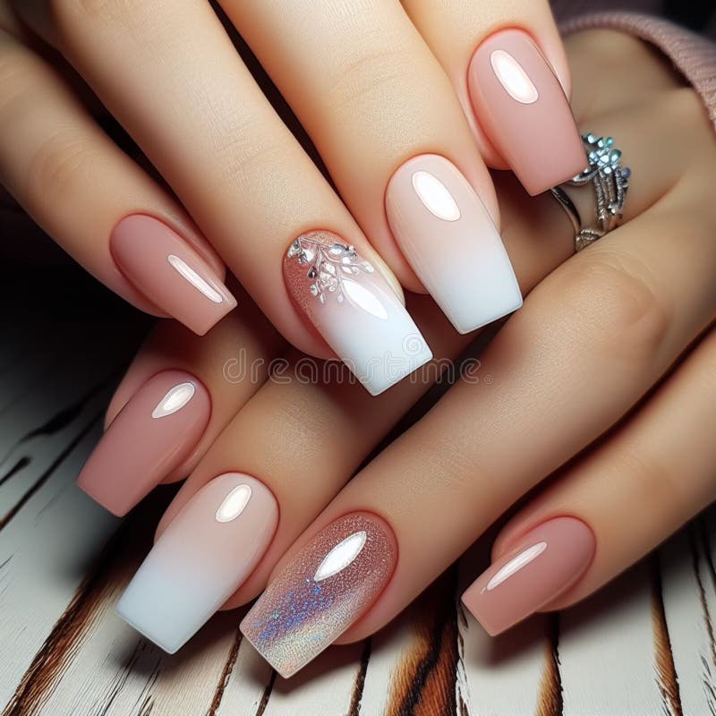 A refined ombre French manicure, transitioning from a soft pink to a bright white tip, adorned with delicate sparkling details for an added touch of glamour. The nails are expertly crafted to exude sophistication and elegance. A refined ombre French manicure, transitioning from a soft pink to a bright white tip, adorned with delicate sparkling details for an added touch of glamour. The nails are expertly crafted to exude sophistication and elegance.