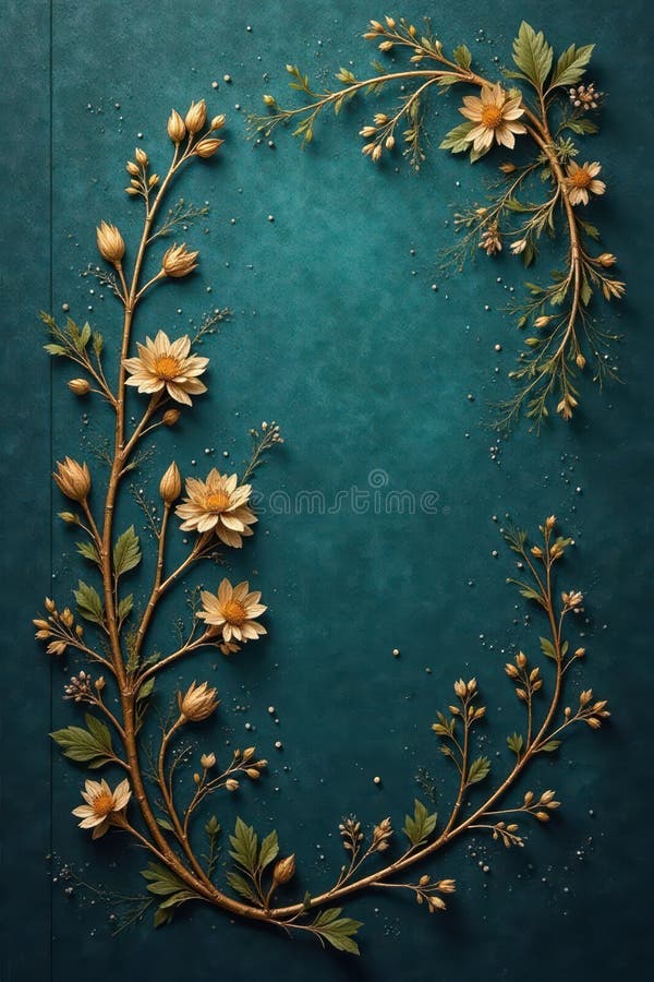 Subtle gold floral sprigs on a textured wallpaper , pattern, wallcovering, pastel stock illustration