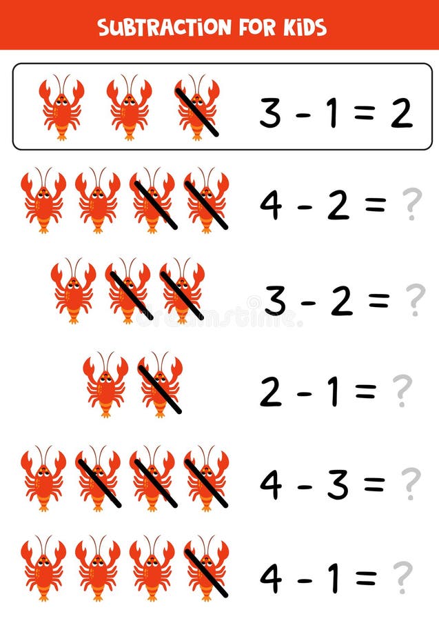 Subtraction with Cute Red Lobster. Educational Math Game for Kids Stock