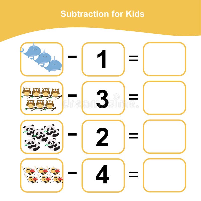 Subtraction For Kids. Counting Game For Preschool Children. Additional Math Games For Kids. Stock Vector - Illustration Of Education, Doodles: 222777807