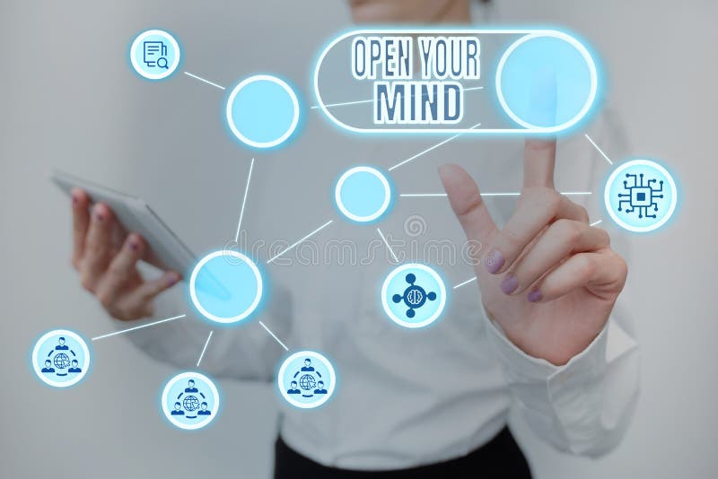 Subtítulo conceptual abrir la mente. concepto de negocio para poder entender diferentes ideas o formas de pensar señora imagen de archivo libre de regalías