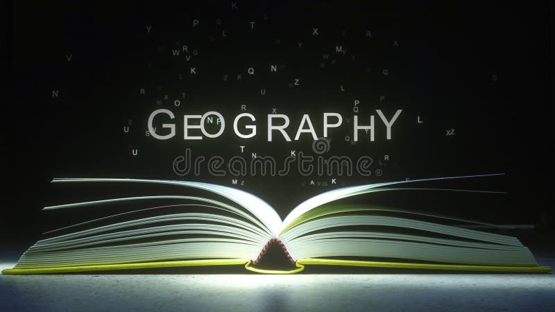 Subtítulo da GEOGRAFIA feito de letras de incandescência do livro aberto rendição 3d imagem de stock royalty free Subtítulo da GEOGRAFIA feito de letras de incandescência do livro aberto rendição 3d imagem de stock royalty free