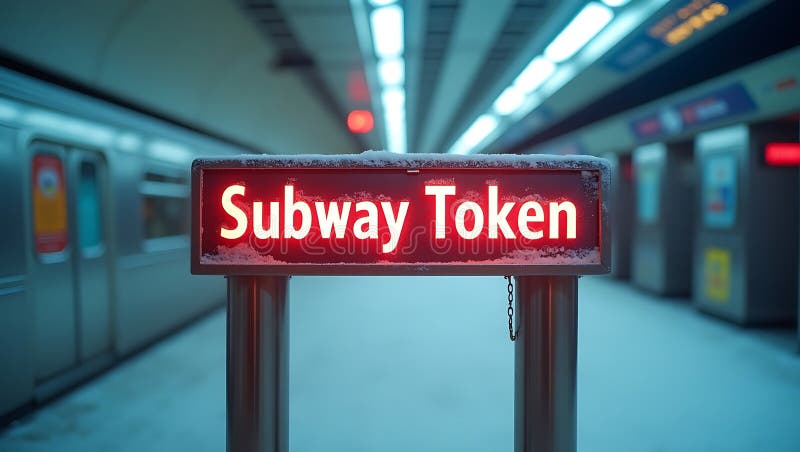 Subway token sign illuminated in a quiet station during winter stock illustration