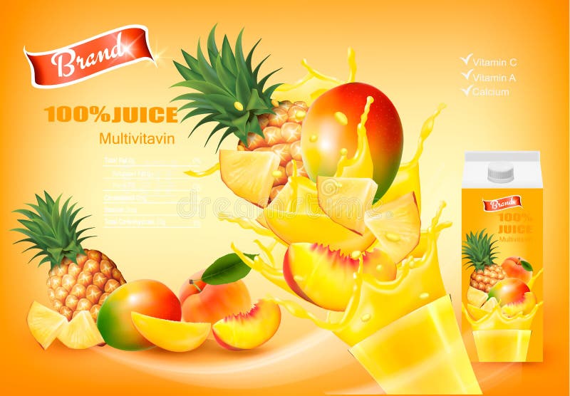 Suc de mulitivitamine cu fructe proaspete și lichid de stropire. stock illustration