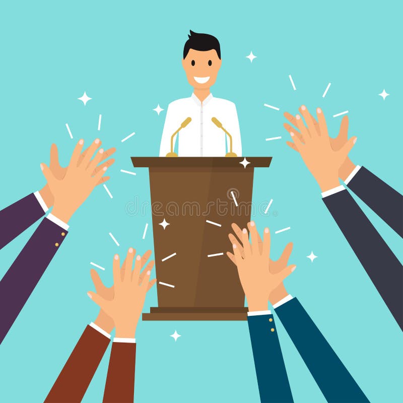 Success in business. Man giving a speech on stage. Human hands c