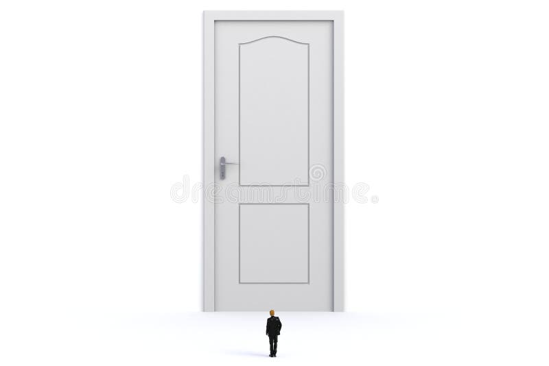 Success concept with businessman, Image of miniature businessman standing in front of white door on white wall background stock illustration Success concept with businessman, Image of miniature businessman standing in front of white door on white wall background stock illustration