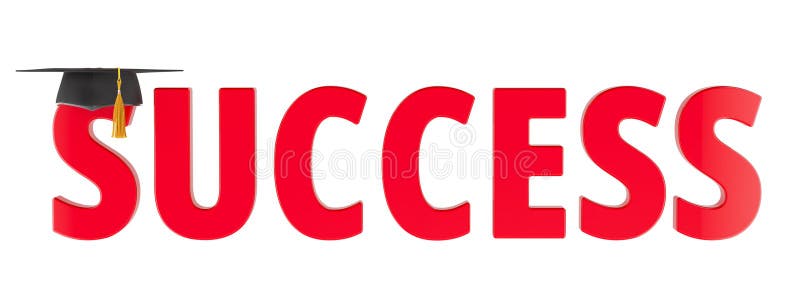 Success education, concept. Success text with graduation cap. 3D rendering royalty free illustration