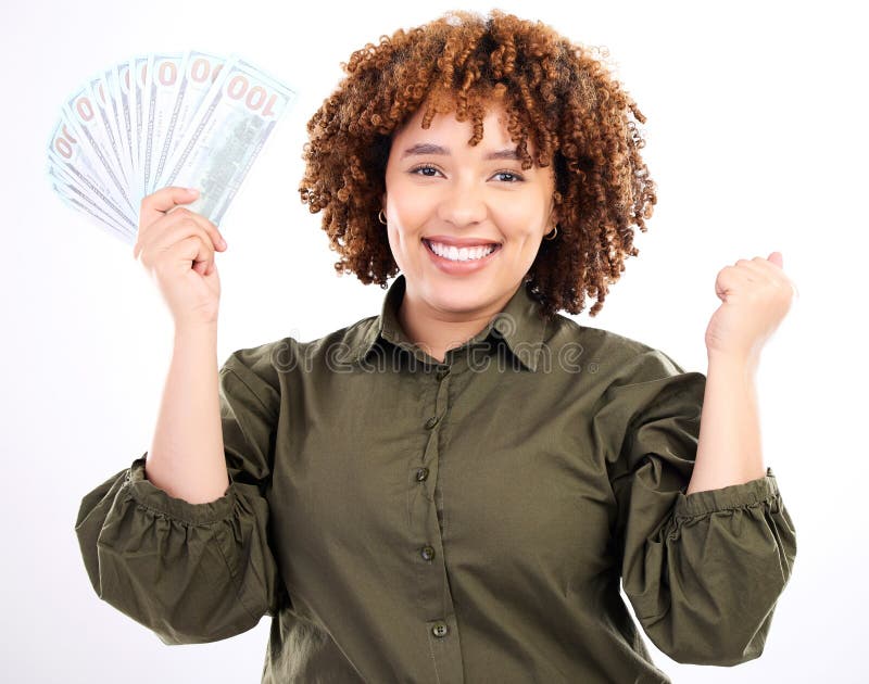 Success, Money and Winner with Portrait of Black Woman for Investment