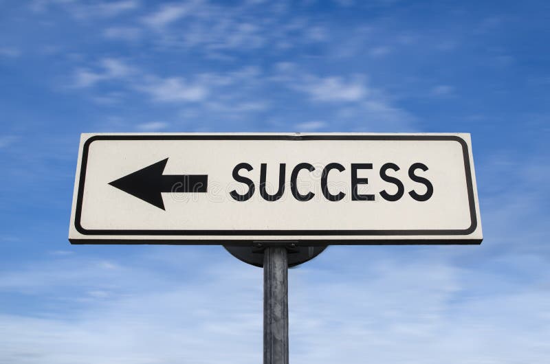 Success road sign, arrow on blue sky background