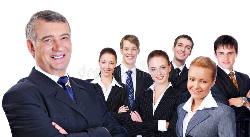 Portrait of senior businessman with successful group of business people, on white background. Full growth confident stock images, royalty-free photos and pictures