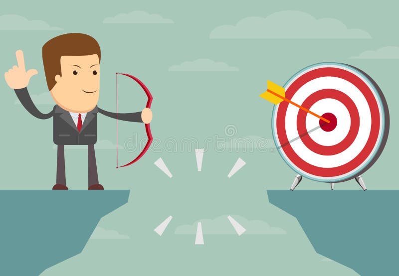 Successful businessman aiming target with bow and arrow. Aiming target vectors
