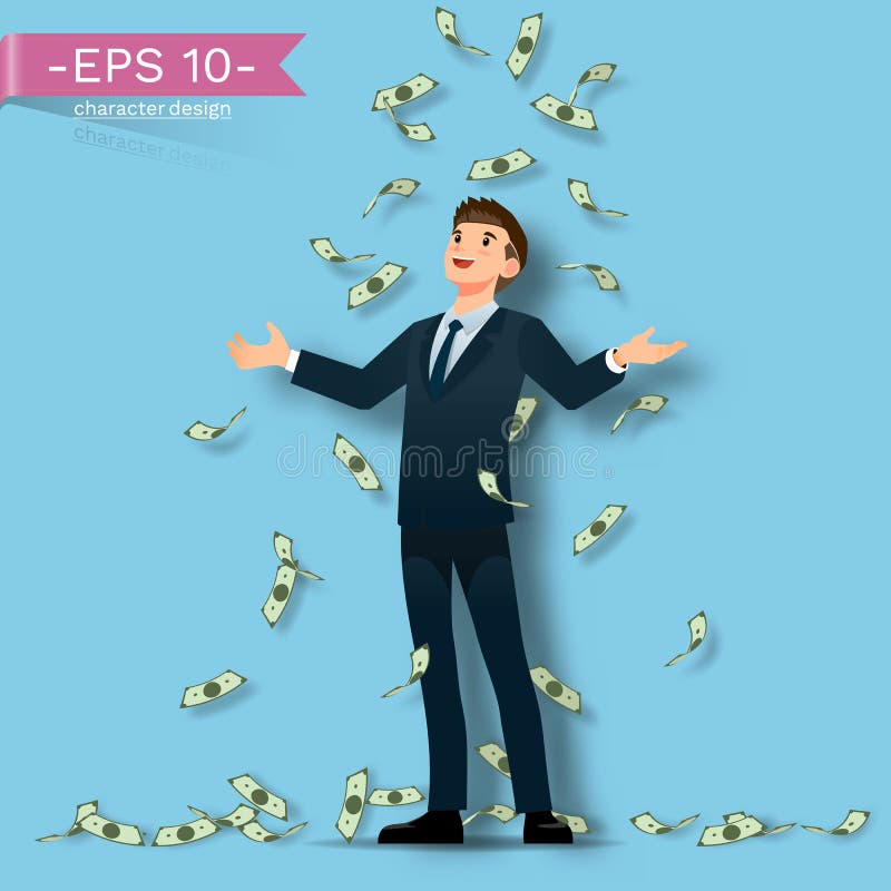 A Successful businessman happy and celebrate with a lot of banknotes rain that falling down on blue background. royalty free illustration A Successful businessman happy and celebrate with a lot of banknotes rain that falling down on blue background. royalty free illustration