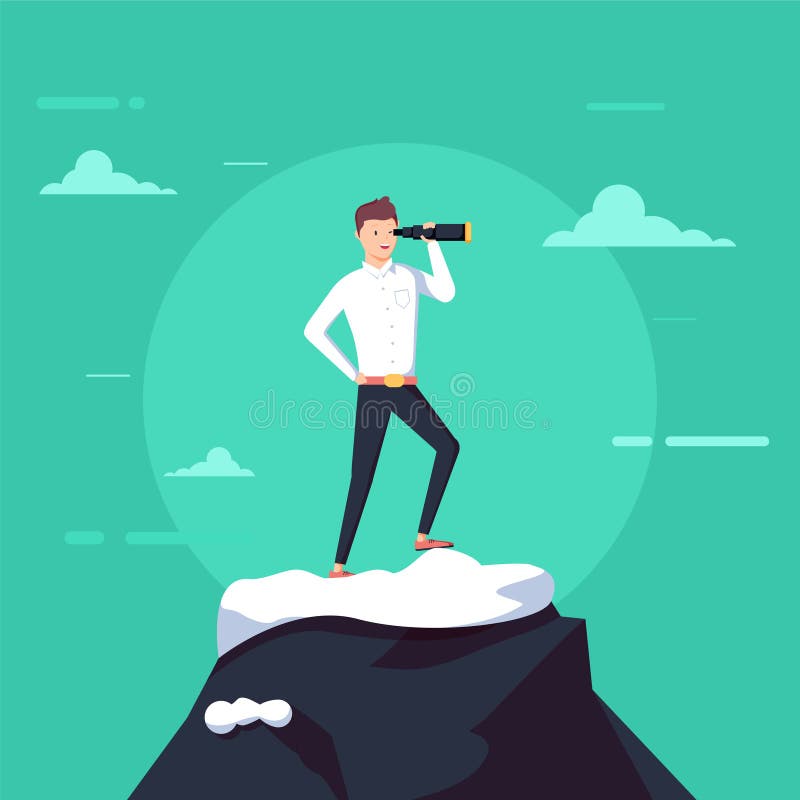 Successful businessman holding spyglass stand on top of mountain. Searching for new business opportunity. vector illustration Successful businessman holding spyglass stand on top of mountain. Searching for new business opportunity. vector illustration