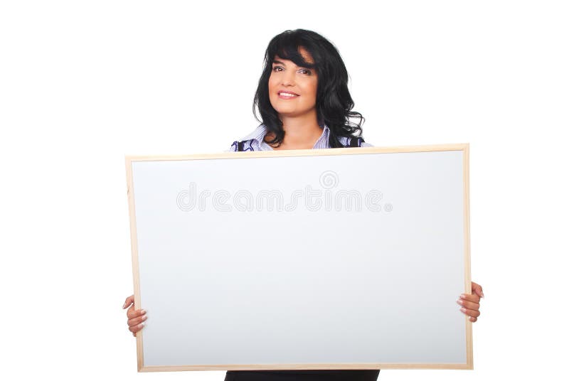 Successful businesswoman holding blank placard