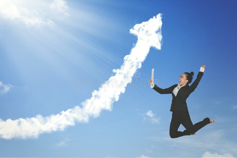 Successful businesswoman with tablet and cloud stock images Successful businesswoman with tablet and cloud stock images