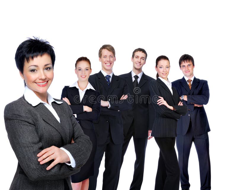 Successful businesswoman with workgroup, isolated on white. Full growth confident stock images, royalty-free photos and pictures