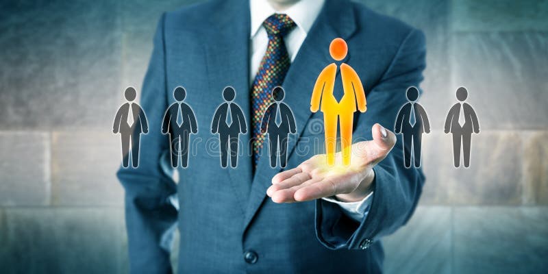 Successful Candidate Standing Out In A Palm. Successful candidate is standing out in a lineup of seven applicants. White collar profession concept for personal stock photography Successful Candidate Standing Out In A Palm. Successful candidate is standing out in a lineup of seven applicants. White collar profession concept for personal stock photography