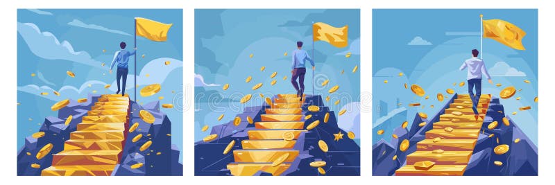 Successful entrepreneur investor cartoon vector scenes. Man back view businessman climbs mountain steps gold ladder bars royalty free illustration