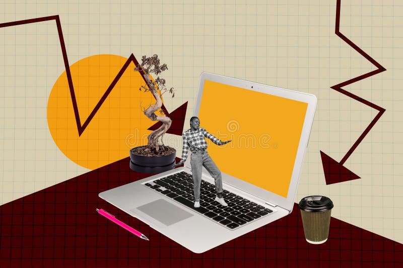 Successful freelancer celebrating financial growth working remotely computer desk laptop in creative collage style stock photography