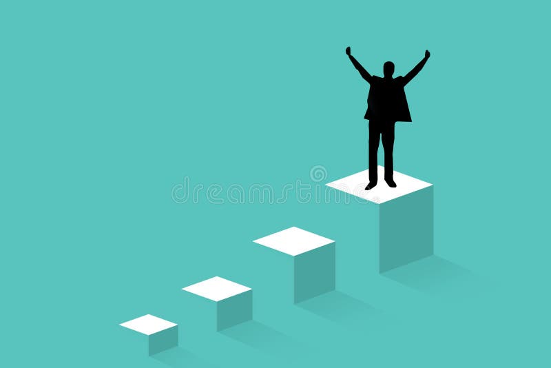 Successful man on top of steps celebrating with arms up. Concept of success and achieving your goal vector illustration Successful man on top of steps celebrating with arms up. Concept of success and achieving your goal vector illustration