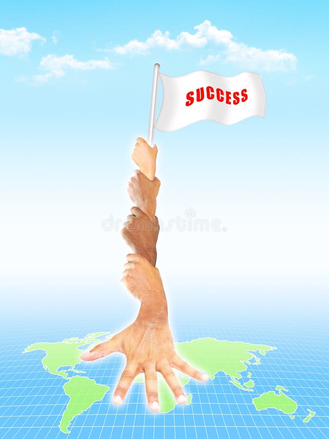 Multi koncepčné grafické Tímovej práce, Reťaz spojené ruky drží vlajku s úspechom text nad mapou sveta a sky.