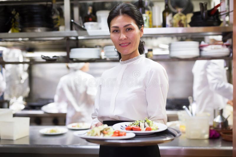 Successful Waitress Standing in Restaurant Kitchen with Ordered Meals Stock Image Image of