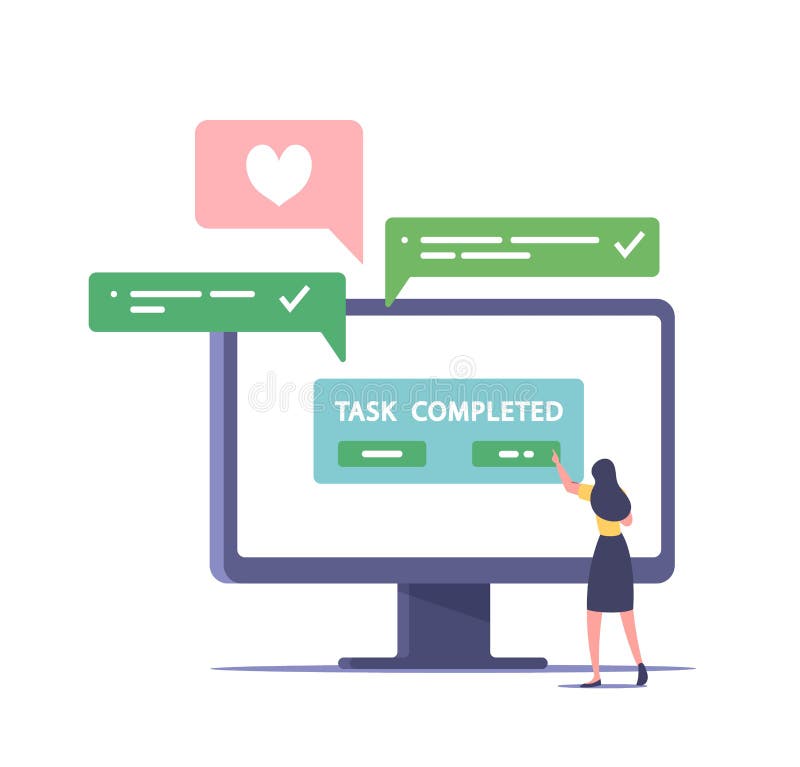 Successful Work Well Done. Tiny Business Woman Character Put Button Task Completed at Huge Computer Monitor at Workplace royalty free illustration