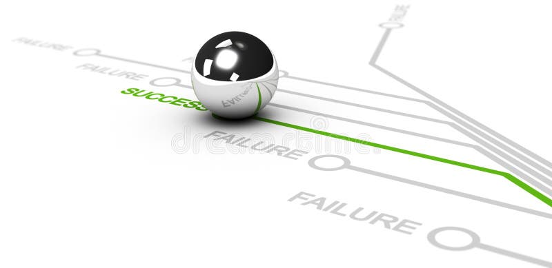 Many lines with green success word and grey failure words Chrome ball over the successful line, white background. Many lines with green success word and grey failure words Chrome ball over the successful line, white background