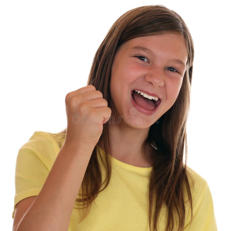 Succesvol meisje die vuist dichtklemmen wanneer het winnen stock afbeeldingen Succesvol meisje die vuist dichtklemmen wanneer het winnen stock afbeeldingen