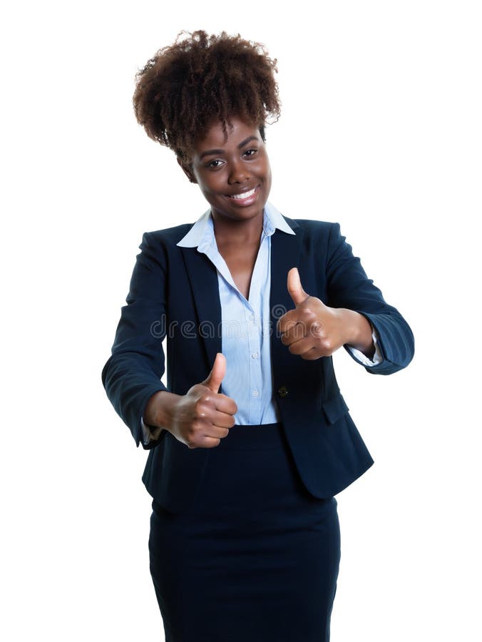 Successful african american business woman showing both thumbs up on an isolated white background for cut out. Successful african american business woman showing both thumbs up on an isolated white background for cut out