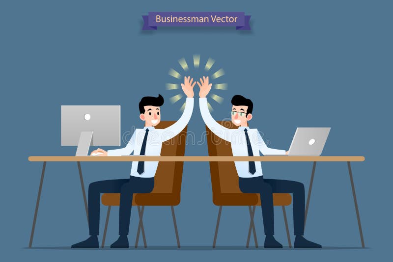 Succesvolle zakenman, groepswerk die door computer en laptop samenwerken te gebruiken die hoog-vijf, gelukwens daarna geven elkaa vector illustratie Succesvolle zakenman, groepswerk die door computer en laptop samenwerken te gebruiken die hoog-vijf, gelukwens daarna geven elkaa vector illustratie