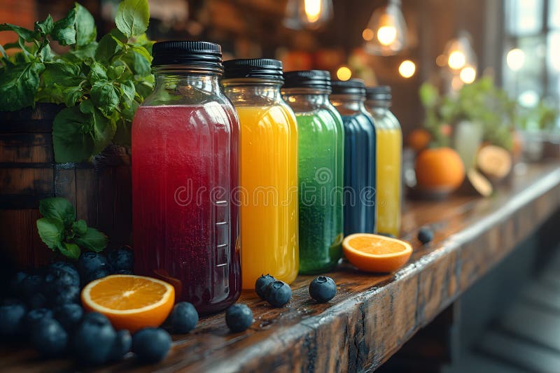 Succhi assorti vibranti con frutta fresca in un bar Rustic per la produzione di foto di copertina Generative AI illustrazione vettoriale
