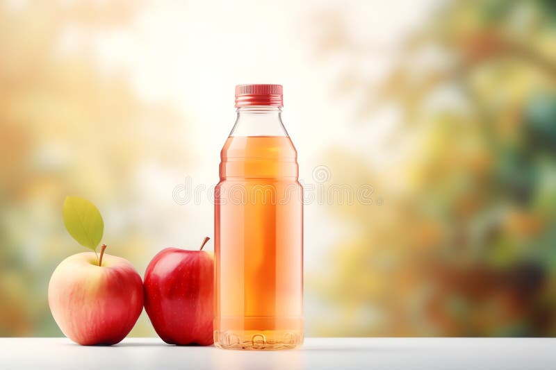Succo di mela fresco in bottiglie di plastica limpida frutta salutare e bevanda in bottiglia illustrazione di stock