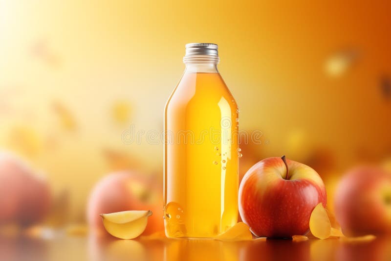 Succo di mela fresco in bottiglie di plastica limpida frutta salutare e bevanda in bottiglia. Questa è un'immagine generata dall'ai del succo di mela fresco in una bottiglia di plastica chiara, frutta sana e biberon.