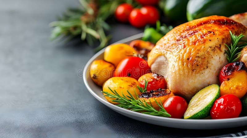 Succulent golden brown roast chicken with vegetables on dark background. Excellent for fine dining promotions, menu stock photos