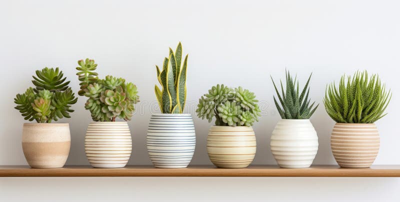 Succulenti decorativi e piante sedute su uno scaffale in una casetta di legno immagine stock