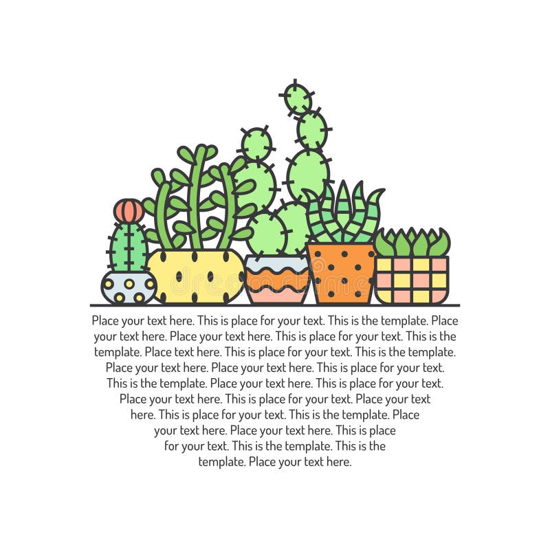 Succulents and cacti outline multicolored vector background. Minimalistic design. Part one. stock illustration