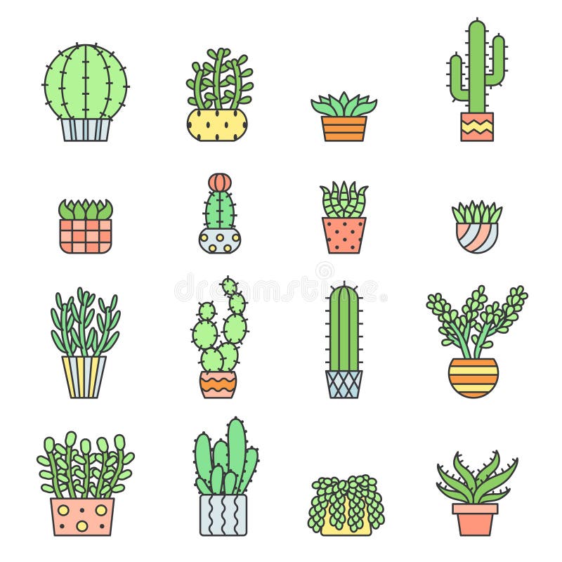 Succulents and cacti outline multicolored vector icons set. Minimalistic design. vector illustration