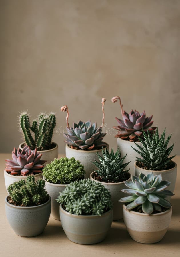 Succuls and Cactus Collection in Grey Pots on Brown Background royaltyfria bilder