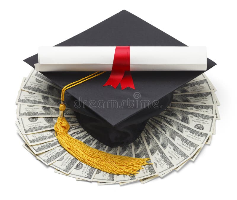 Graduate Hat with Degree and Cash Money Isolated on White Background. Graduate Hat with Degree and Cash Money Isolated on White Background.