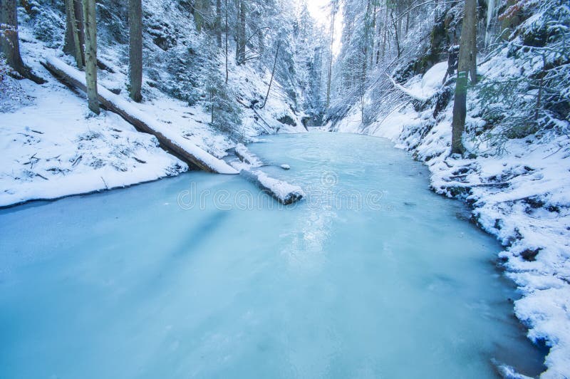 Zamrzlý potok v rokli Suchá Belá ve Slovenském ráji v zimě
