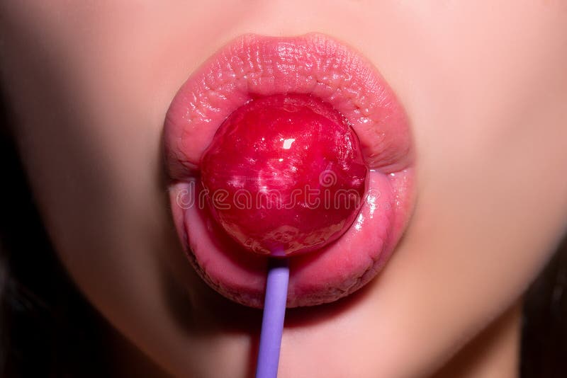 Lollipop Sucking Porn - Sucking Lips. Mouth Licking Lollipop, Red Female Glossy Lips and Pink Candy  Lollipop. Stock Image - Image of lipstick, suck: 227720399