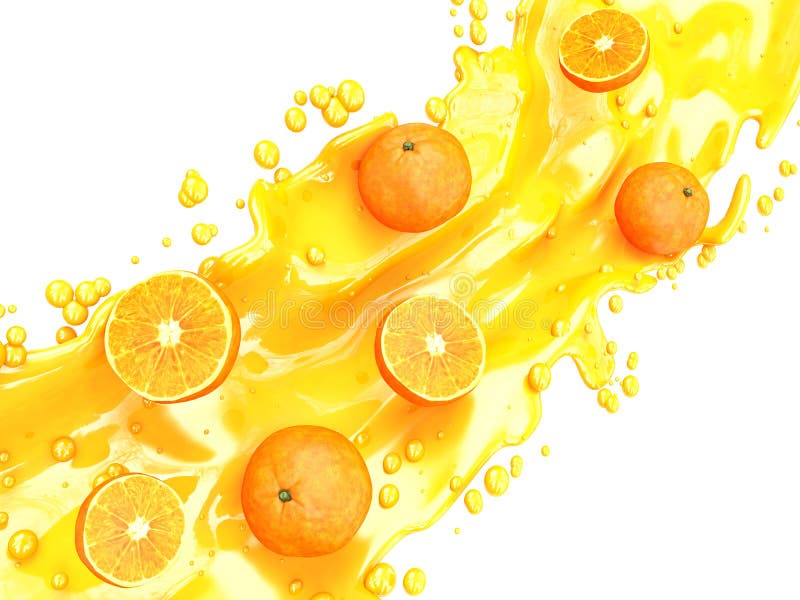 Suco de laranja que espirra com seu fruto isolado no branco ilustração stock Suco de laranja que espirra com seu fruto isolado no branco ilustração stock