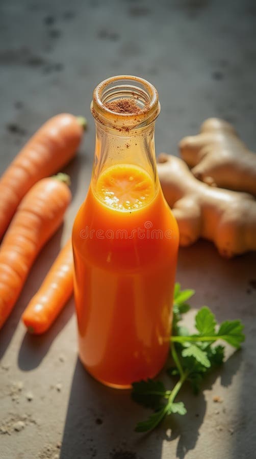 Sucul de portocale cu morcov strălucitor este turnat într-o sticlă de sticlă. Morcovi proaspeți și o bucată de rădăcină ghimbir st stock photos