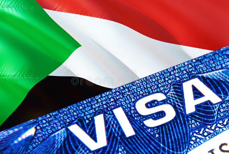 Sudan visa document close up. Passport visa on Sudan flag. Sudan visitor visa in passport,3D rendering. Sudan multi entrance in stock illustration