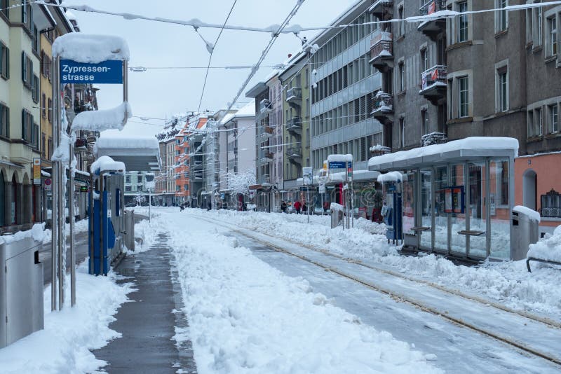 Tram in snowfall editorial stock photo. Image of electric 136404528