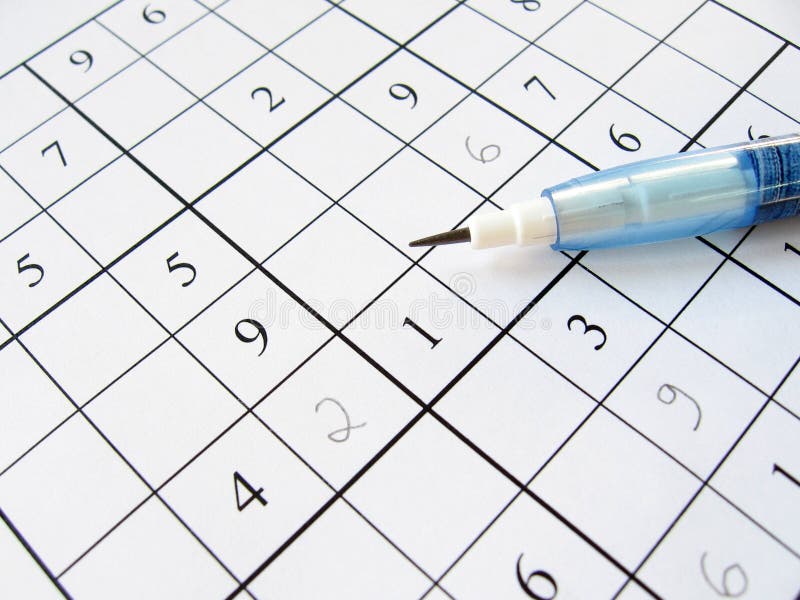 A partially filled sudoku puzzle with pencil. Sudoku is an addictive Japanese math puzzle whose aim is to fill in a grid so that every row, every column, and every 3x3 box contains the numbers 1 to 9.