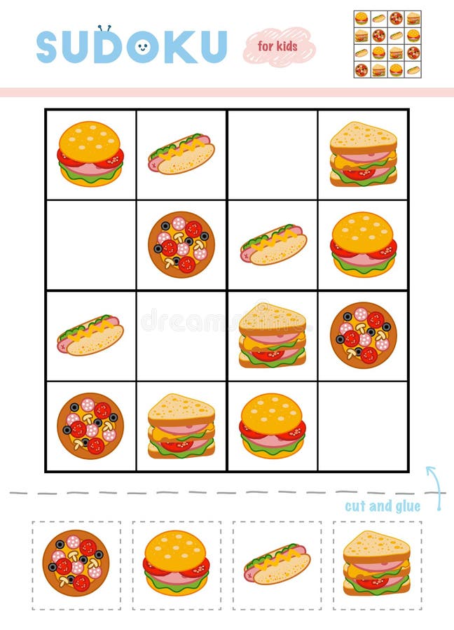 Sudoku for children, education game. Pizza, Hot dog, Burger vector illustration Sudoku for children, education game. Pizza, Hot dog, Burger vector illustration